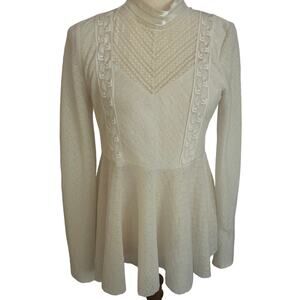 Free People Cream Lace High Neck Ribbon Blouse Sz Large
